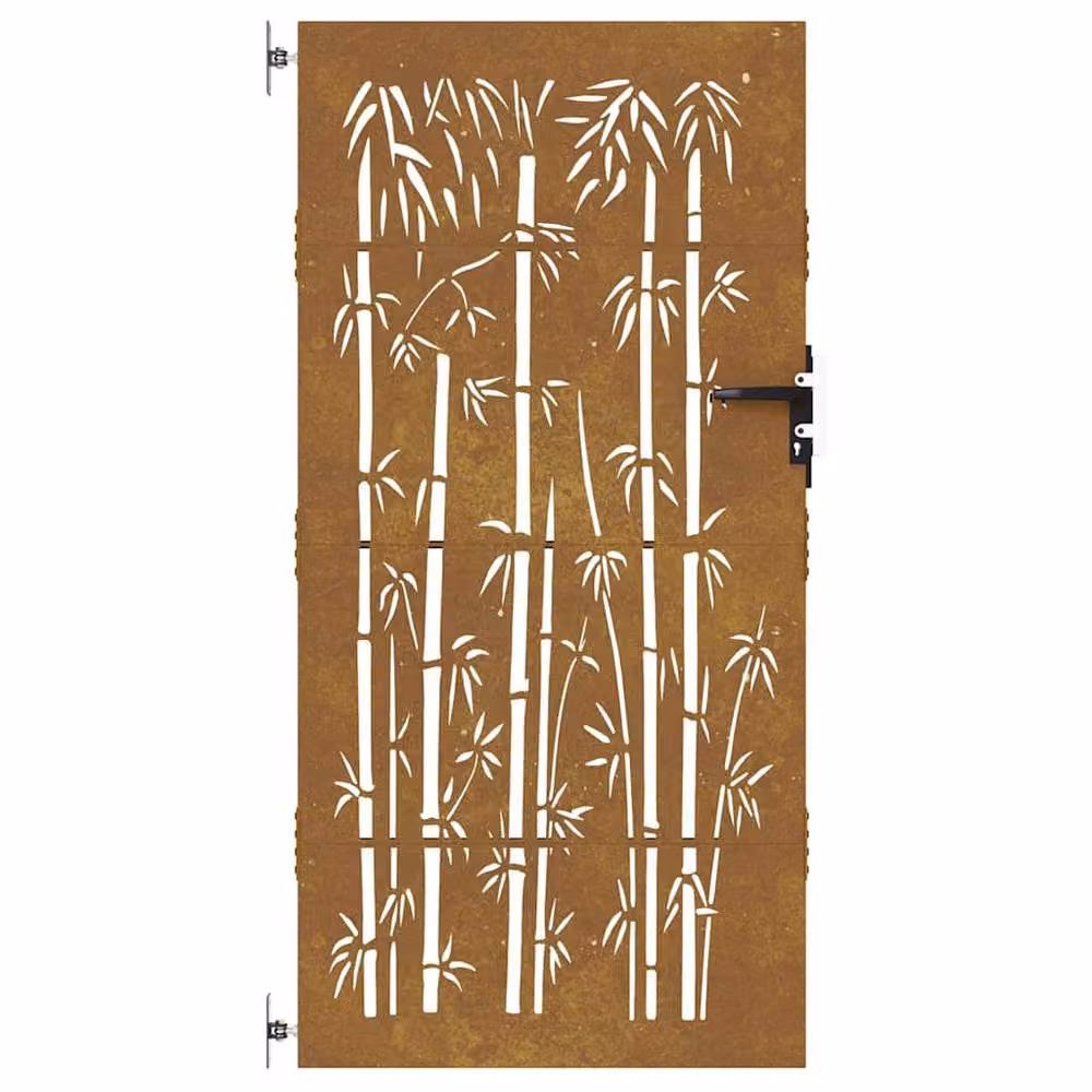 Berkfield Home Garden Gate in Brown Corten Steel with Bamboo Design, W: 85 cm, H: 200 cm – 3