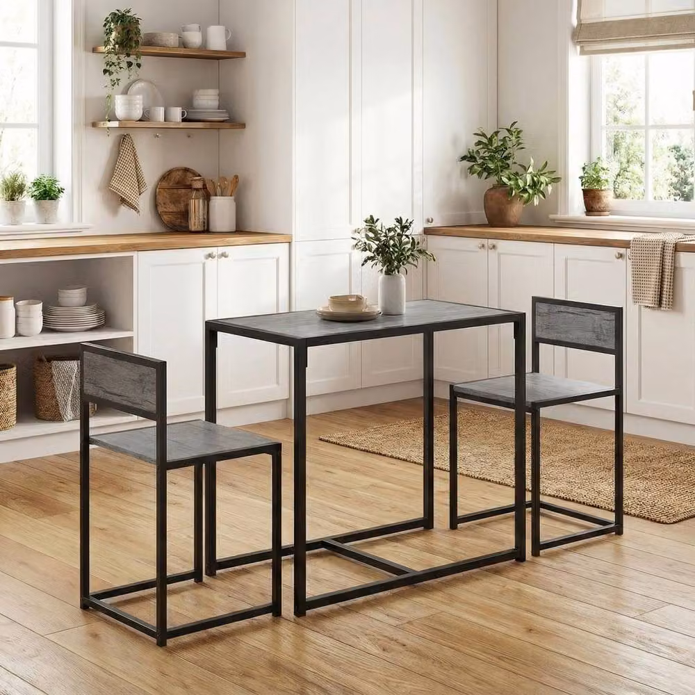 Wyld Haus Nenepa 3 Piece Industrial Dining Set with Rectangular Table and Stools in Charcoal Grey and Black, W/D/H: 90 x 76 x 47 cm – 3