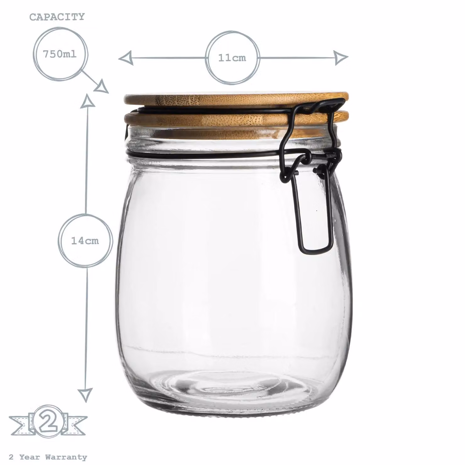 Argon Tableware White Wooden Clip Lid Storage Jar with Leakproof Silicone Seal, 750ml – 2