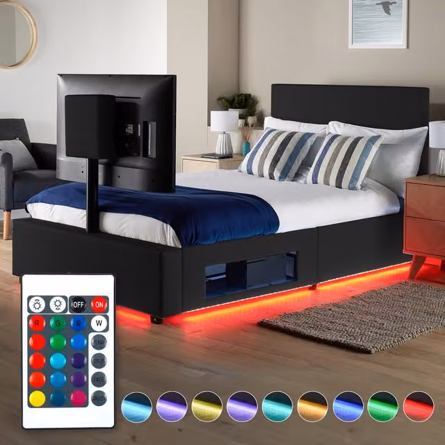XR Living Ava Upholstered TV Bed with LED Lighting in Black, Double (W: 140 cm, L: 200 cm)