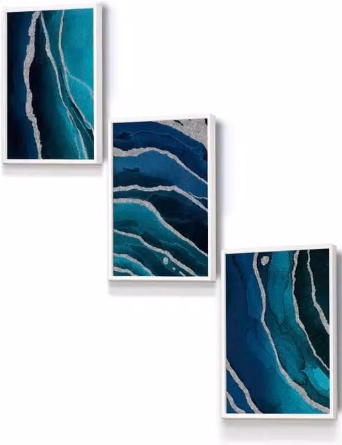 ARTZE Abstract Modern Framed Wall Art in Petrol Blue, Silver and White, W: 33 cm, H: 45 cm, D: 0.2 cm