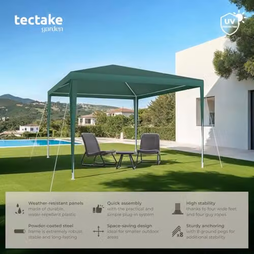 tectake Garden Gazebo in Green with Steel Frame, W: 300 cm, D: 300 cm, H: 250 cm – 2