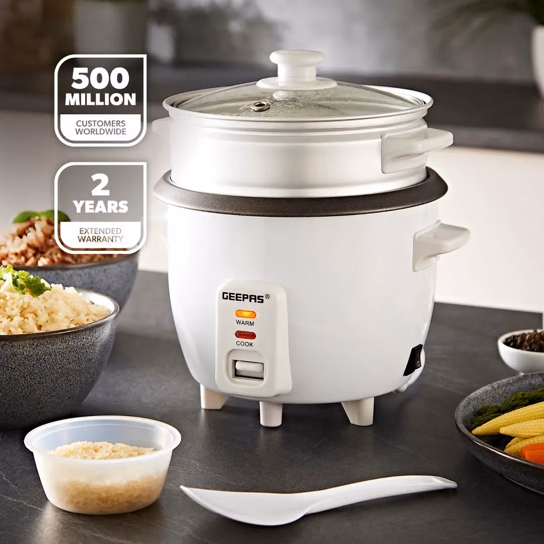Geepas White Rice Cooker with Vegetable Steamer and Non-Stick Inner Pot, 0.6 l – 2