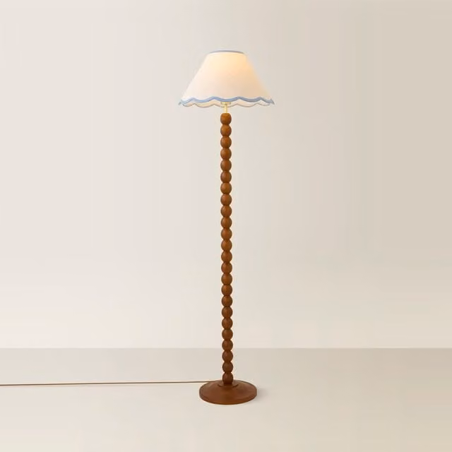 Bobbin Colour Trim Linen Bobble Floor Lamp in Walnut and Blue