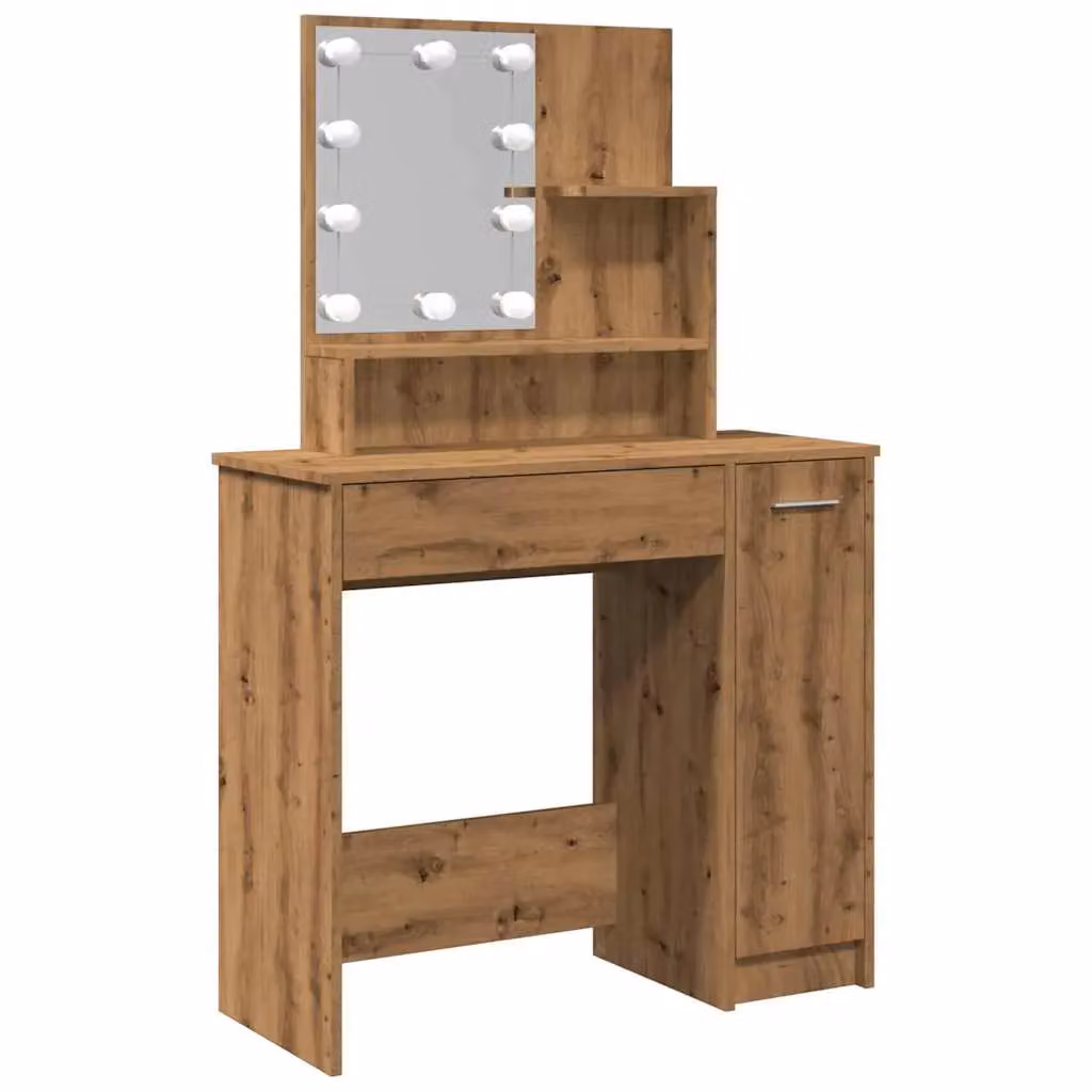 Berkfield Home Modern Dressing Table with LED Hollywood Mirror in Artisan Oak Brown, W/D/H: 86.5 x 35 x 136 cm – 2