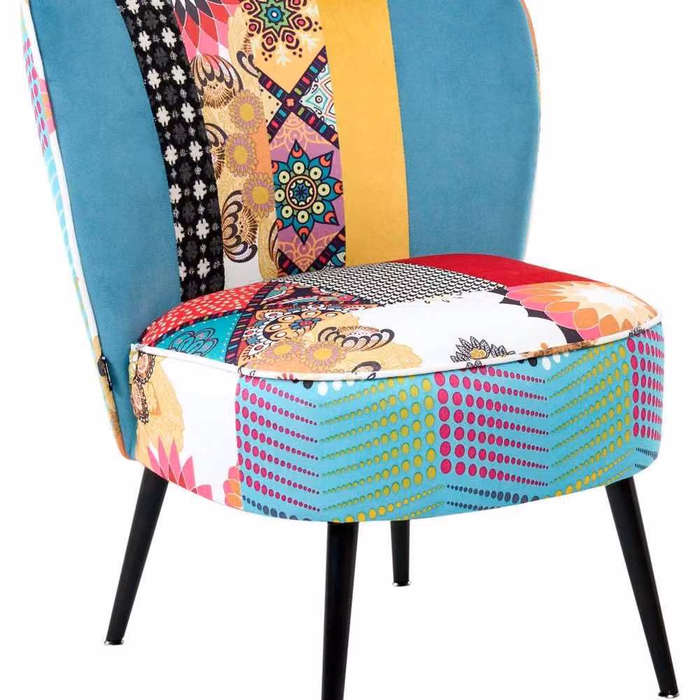 Wyld and Coco Blue Patchwork Armless Accent Chair with Metal Legs and Geometric Design – 2