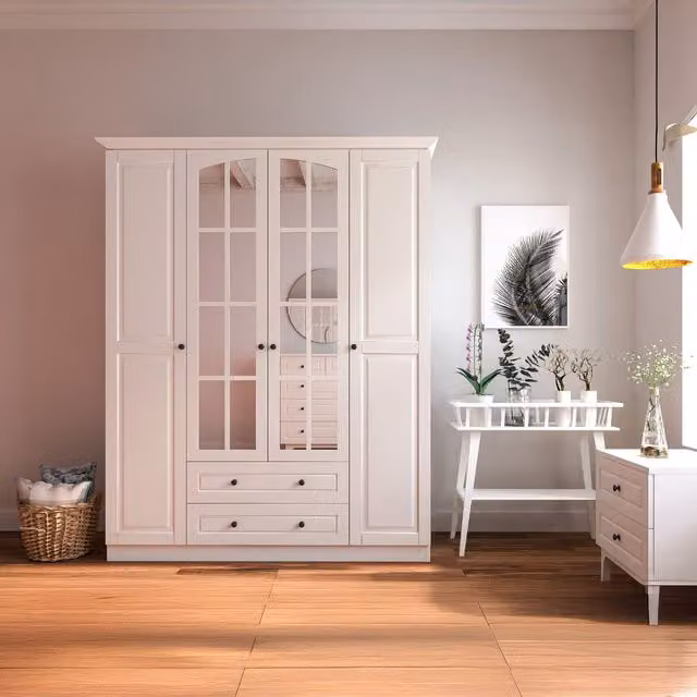 EVUHOME White Mirrored Wardrobe with 4 Doors and 2 Drawers, H 210 x W 144.9 x D 52 cm