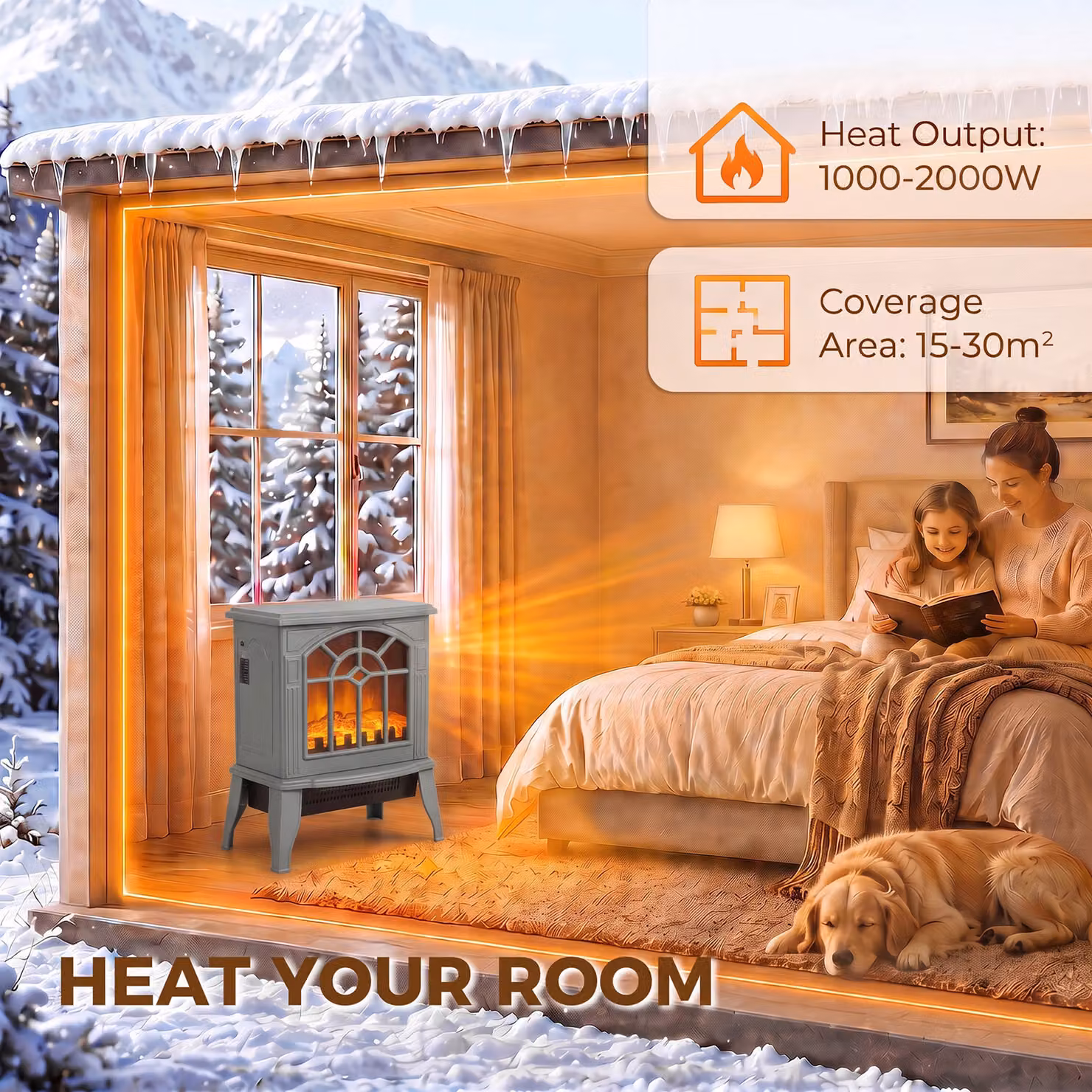 HOMCOM Freestanding Electric Fireplace with LED Flame Effect in Grey, 1000W/2000W – 5