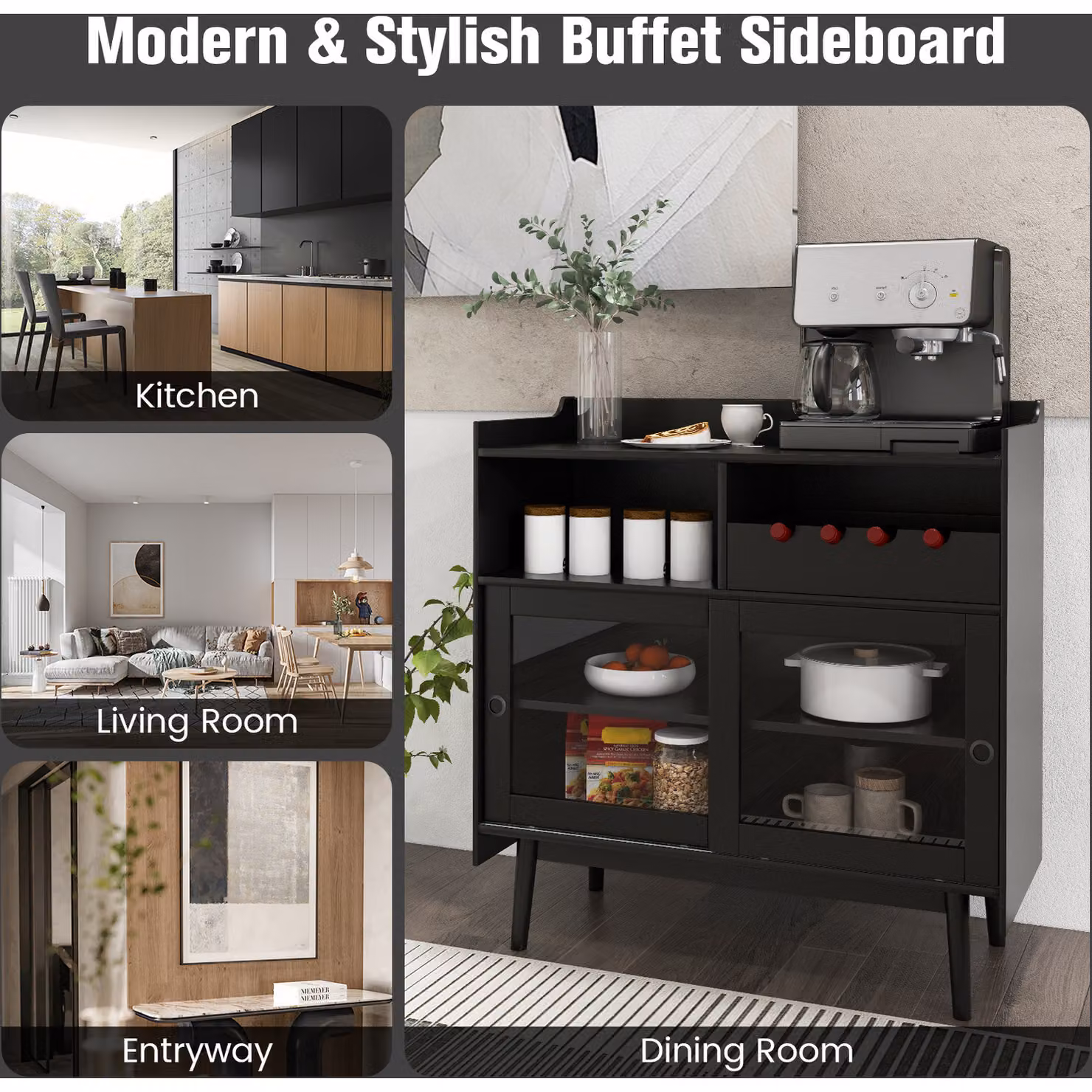 Costway Modern Black Buffet Sideboard with Glass and Wood Finish – 2