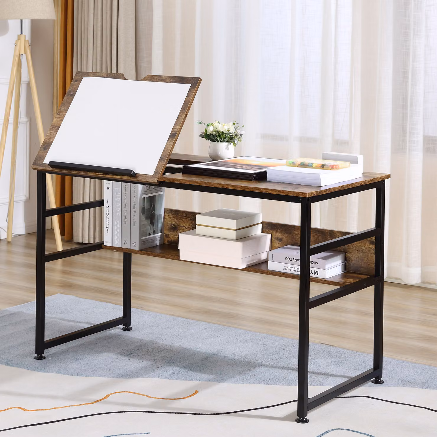 HOMCOM Adjustable Drafting Table and Art Desk in Brown with 15-Level Tilting Top and Height Adjustment – 2