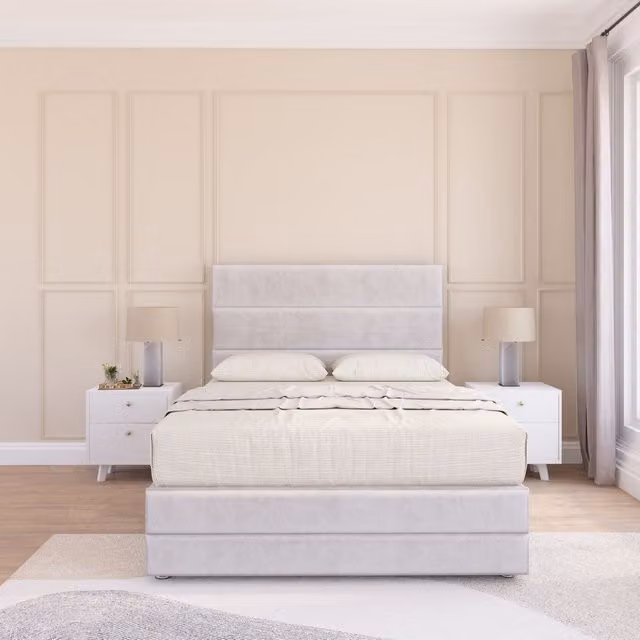 Sloomy Monaco Divan Bed Set with Matching Footboard in Silver Plush Velvet, Double (W: 140 cm, L: 200 cm)