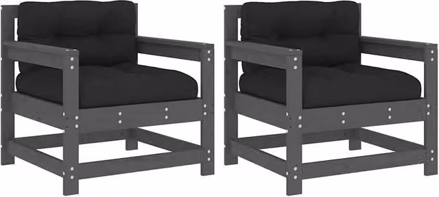 Berkfield Home Set of 2 Rustic Grey Solid Pine Garden Chairs with Cushions
