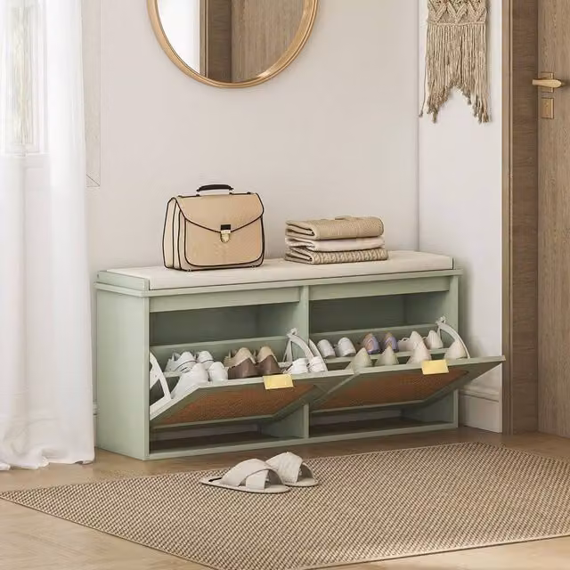 EONLION Green Rattan Shoe Bench with Fabric Seat Cushion, Width: 100 cm