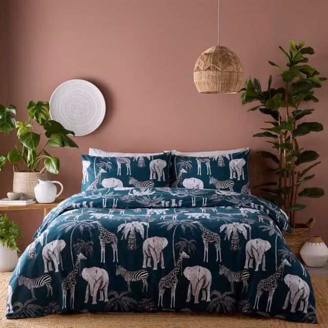 Portfolio Home Graphic Animal Duvet Cover and Pillowcase Set in Petrol Blue Polycotton, 140 x 200 cm