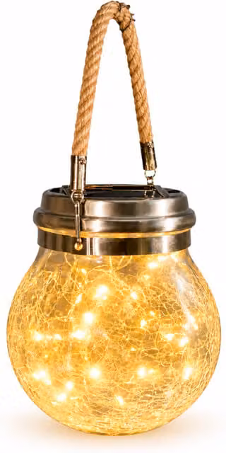 BERPAR Hanging Solar Crackle Glass Light with Warm White LED and Dusk Sensor in Yellow and Gold/Brass