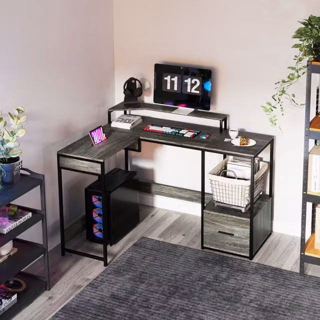 HOMCOM L-Shaped Industrial Corner Computer Desk with Liftable Desktop in Anthracite Grey