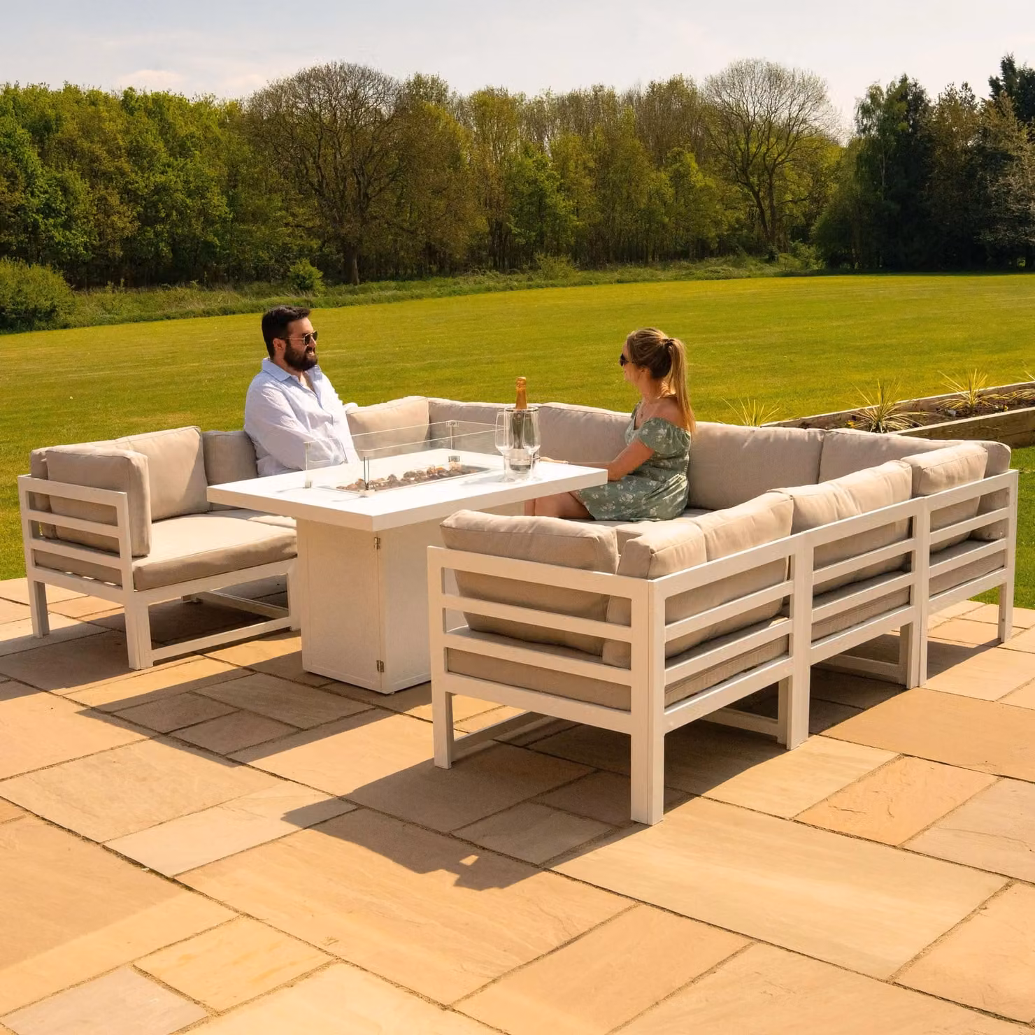 Monstershop 9 Piece Modular U-Shape Garden Furniture Set with Gas Fire Pit and Cushions, White Aluminium – 2