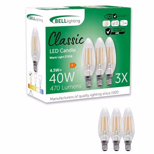 BELL Lighting E14 Dimmable LED Filament Candle Bulbs, Warm White, Pack of 3 – 1