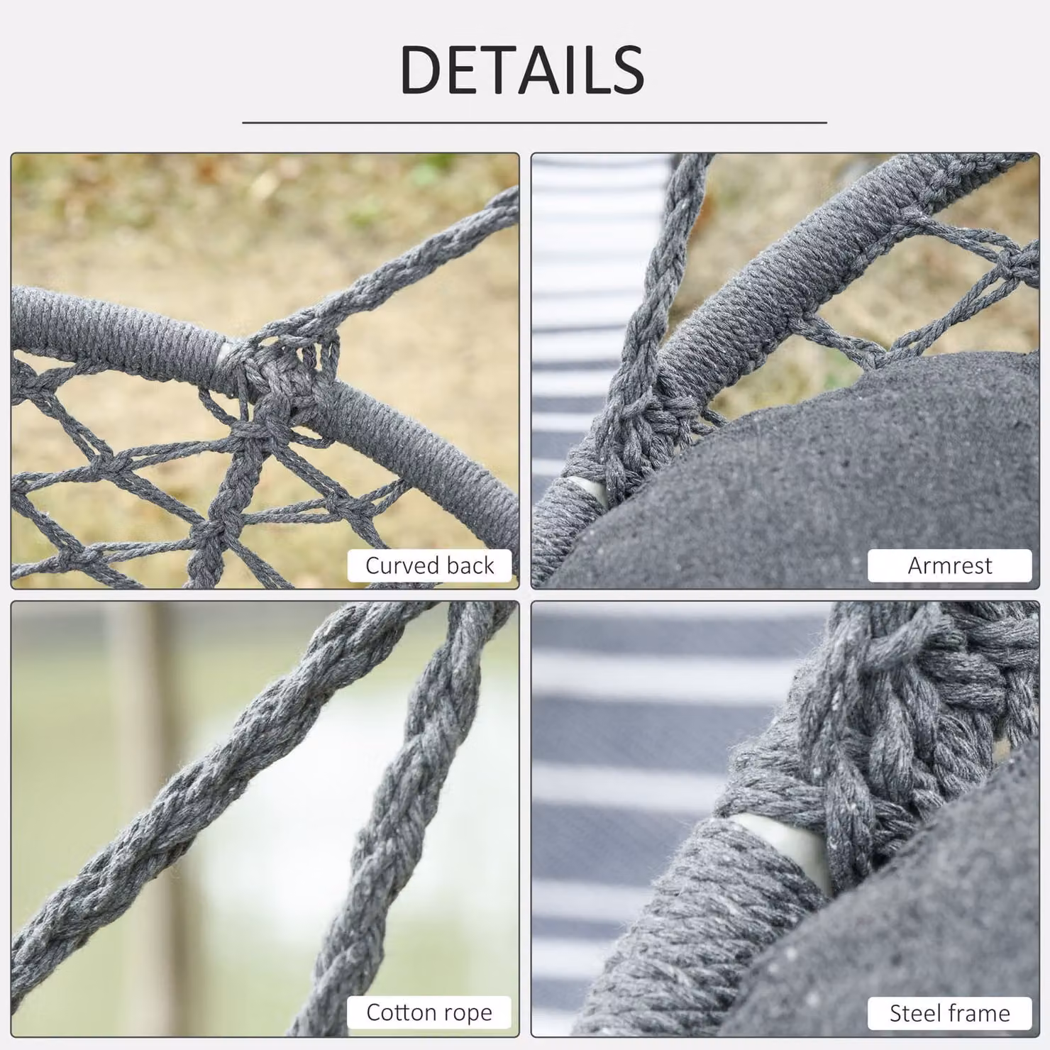 Outsunny Hanging Macrame Hammock Chair with Metal Frame and Cushion in Dark Grey – 3