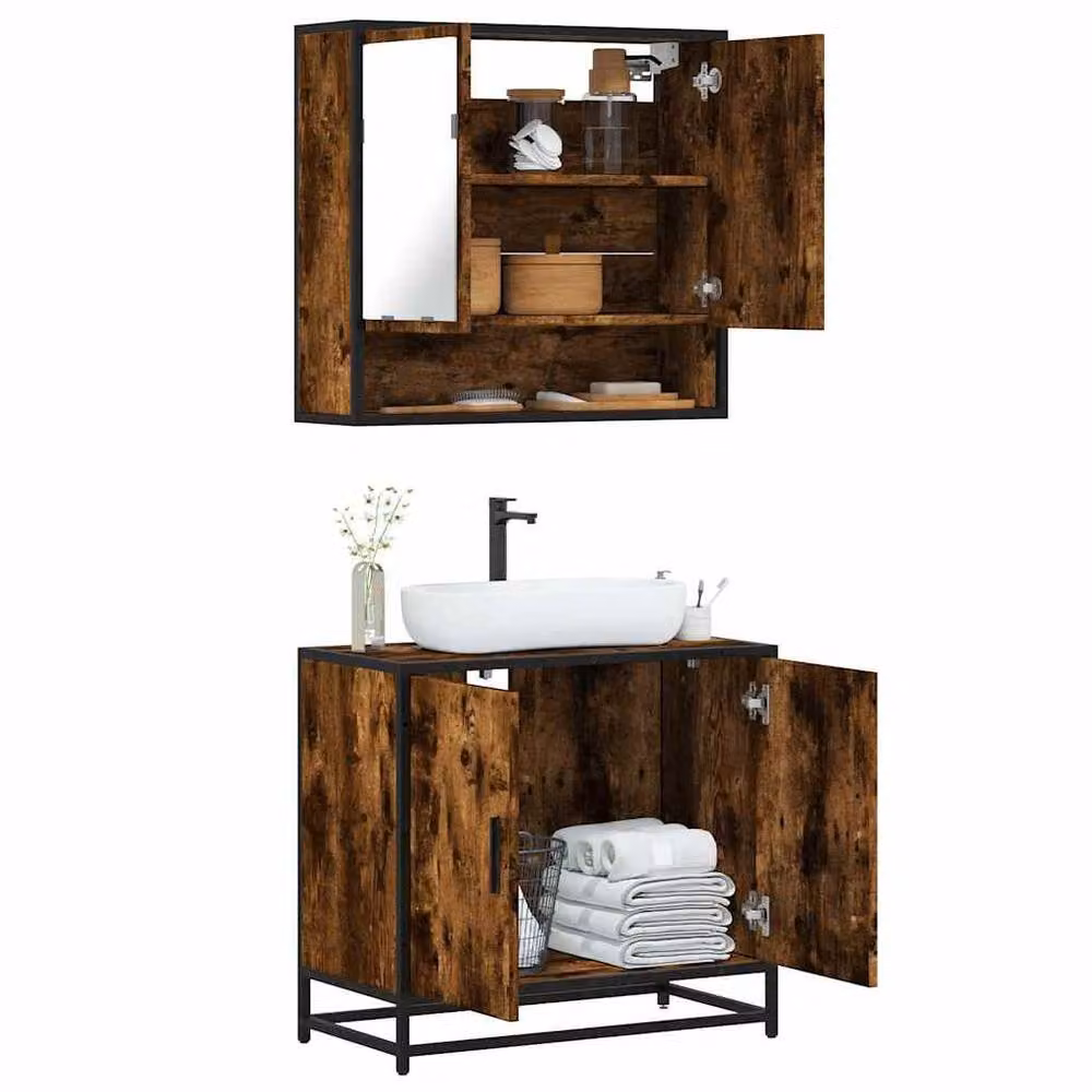 Berkfield Home 2 Piece Industrial Bathroom Furniture Set including Vanity Unit and Mirror Cabinet in Smoked Oak Brown – 2