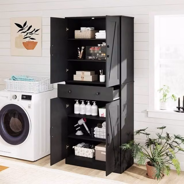 Costway Black Wooden Kitchen Pantry Farmhouse Cupboard Cabinet with Drawer and Soft Close Doors, Height: 183 cm