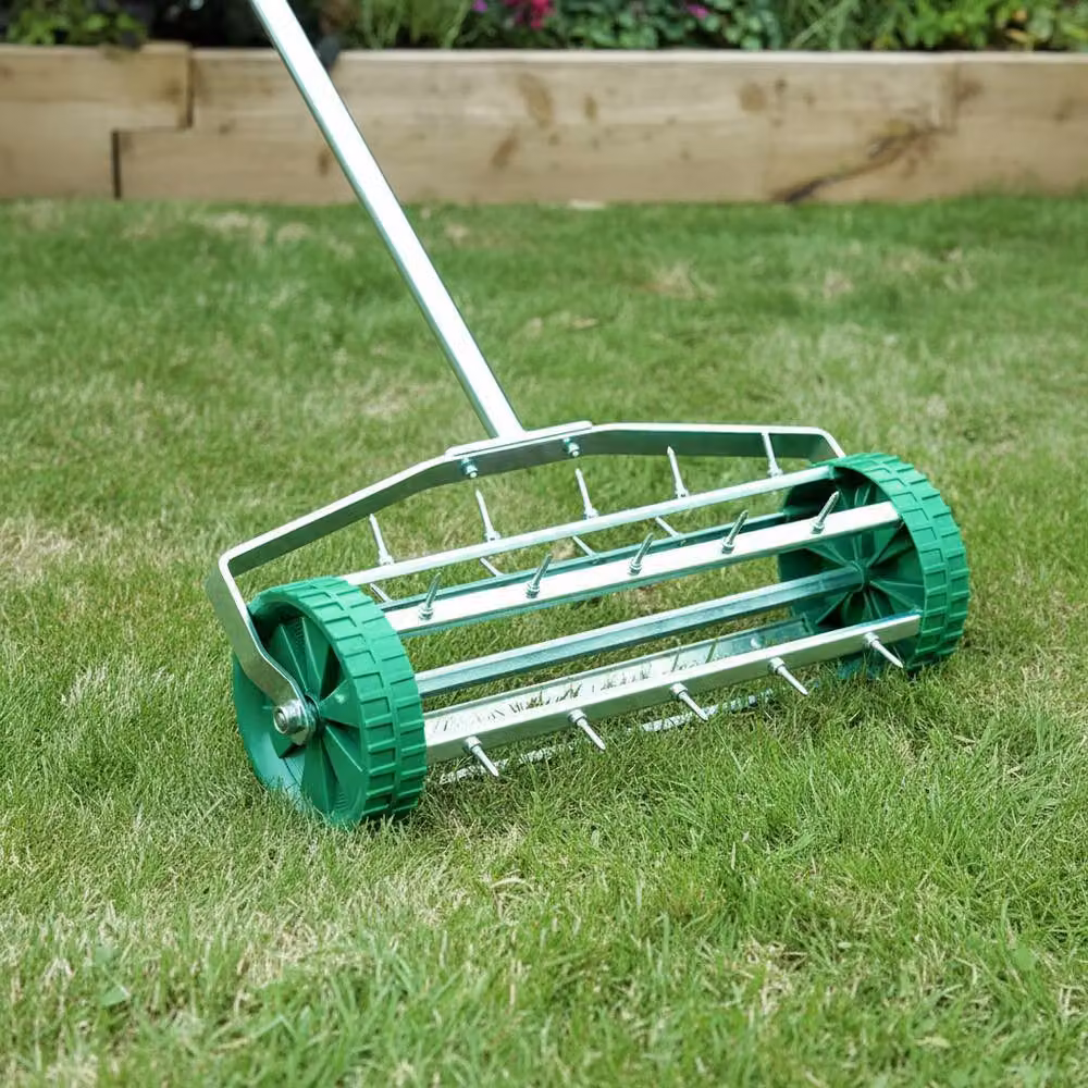 Crystals Manual Gardening Lawn Aerator Grass Roller with 3-Level Adjustable Handle in Metallic Silver – 2