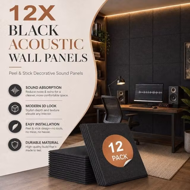 ATEK 12 Pack Self-adhesive Square Acoustic Sound Proofing Felt Wall Panels in Black
