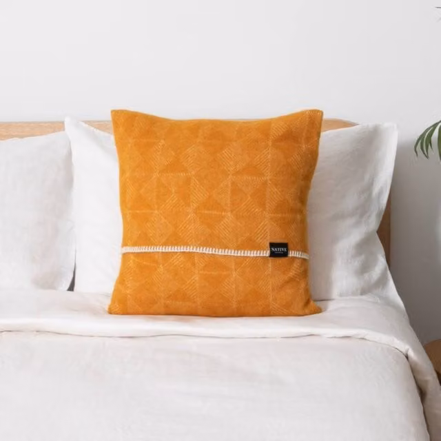 Native Natural Diamond Mustard Yellow Wool Cushion, W/D/H: 45 x 45 x 45 cm