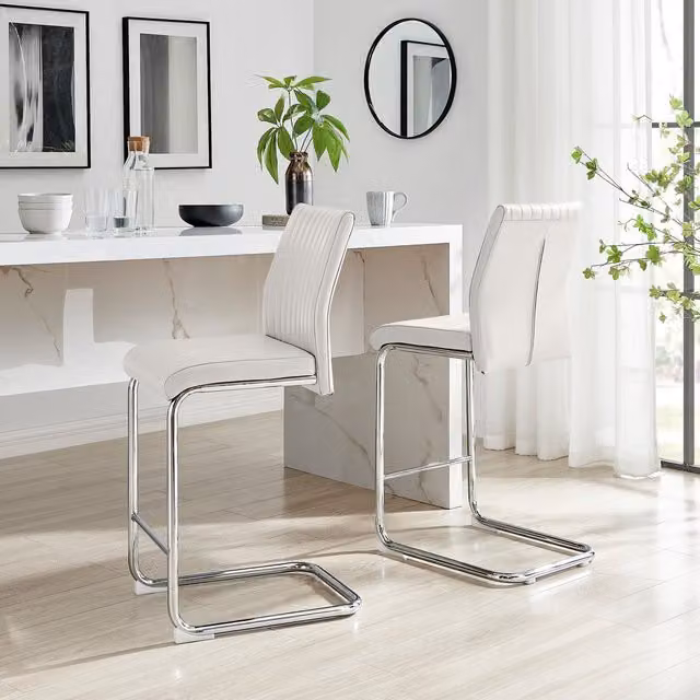 FurnitureboxUK Lorenzo Set of 2 White Faux Leather Bar Chairs with Silver Metal Cantilever Base