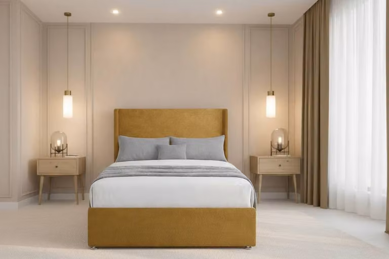 Nexus Mattresses Ltd Portofino Plush Sprung Divan Set with 54 inch Winged Headboard in Yellow Velvet, No Drawers, W/D/H: 120 x 200 cm