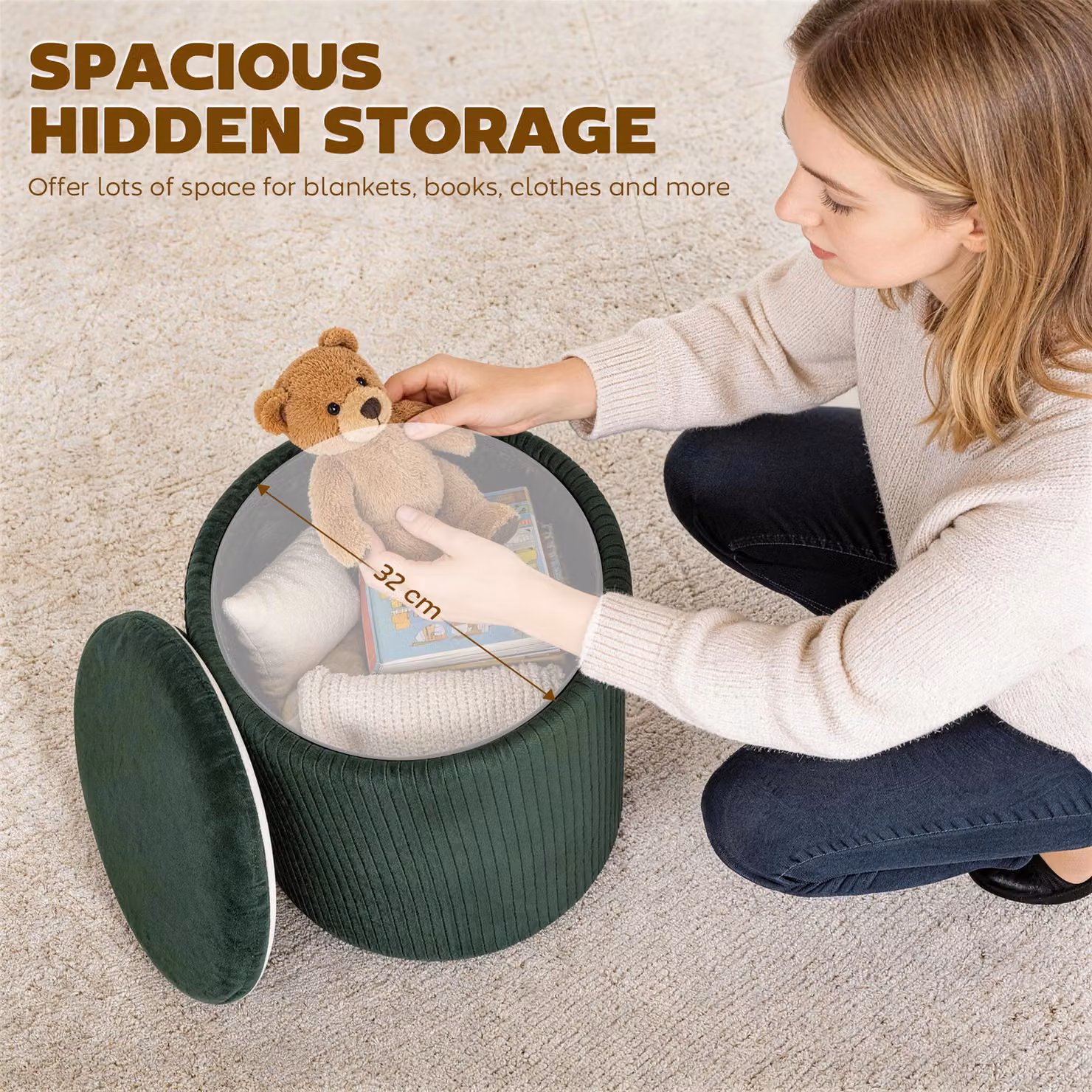 HOMCOM Modern Velvet Round Storage Ottoman Foot Stool in Dark Green, Diameter: 45 cm – 5