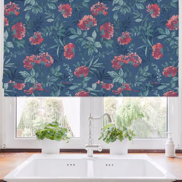Terrys Flora Made to Measure Blackout Roman Blind in Blue and Pink Floral Design