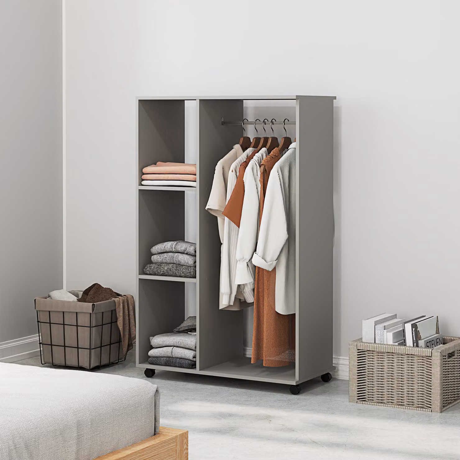 HOMCOM Open Wardrobe on Wheels with Clothes Rail and 3 Storage Shelves, Grey – 2