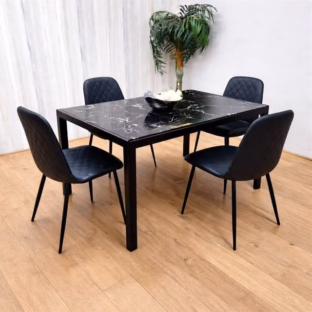 KOSY KOALA Modern Rectangular Marble Glass Dining Table and 4 Diamond Patterned Faux Leather Chairs Set in Brown and Black, W/D/H: 140 x 70 x 75 cm