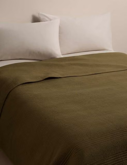M&S Cotton Rich Ribbed Reversible Bedspread in Linen Moss Green
