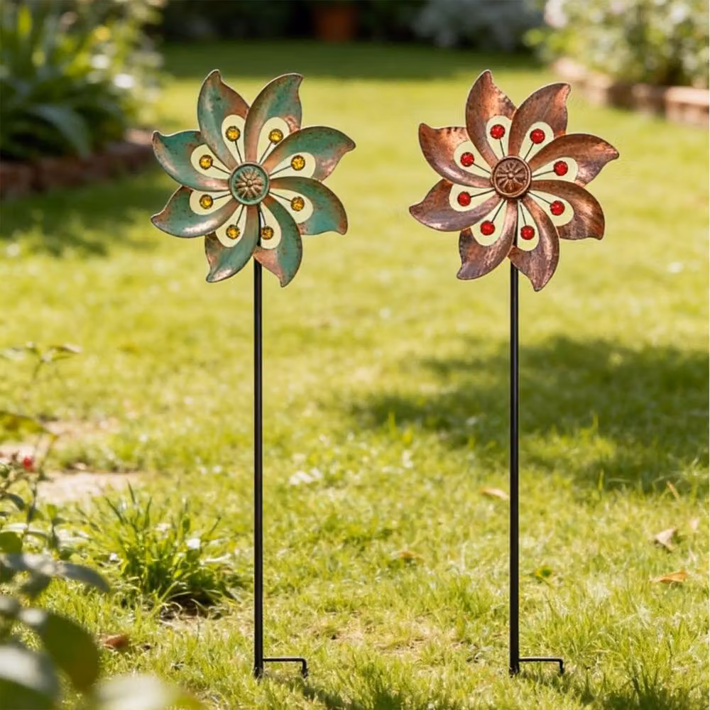 Quipulse Vintage Green Metal Rotating Floral Flower Wind Spinner Craft Ornament – 1