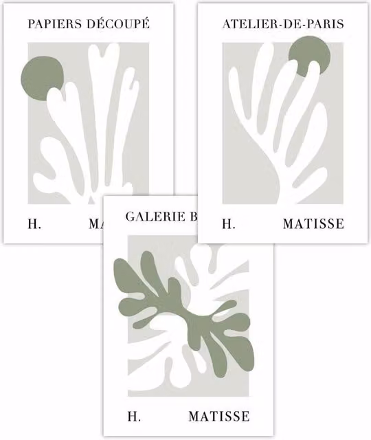 ARTZE Set of 3 Matisse Floral Cut Out Style Botanical Art Posters in Green and Beige, W: 42 cm, H: 59 cm
