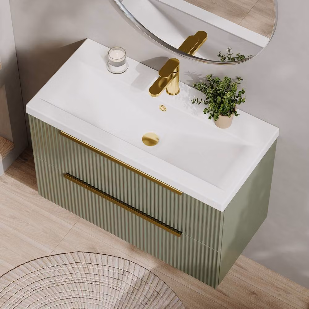 Balterley Fluted Front Wall Hung 2 Drawer Vanity Basin Unit, Satin Green, W: 80 cm – 2