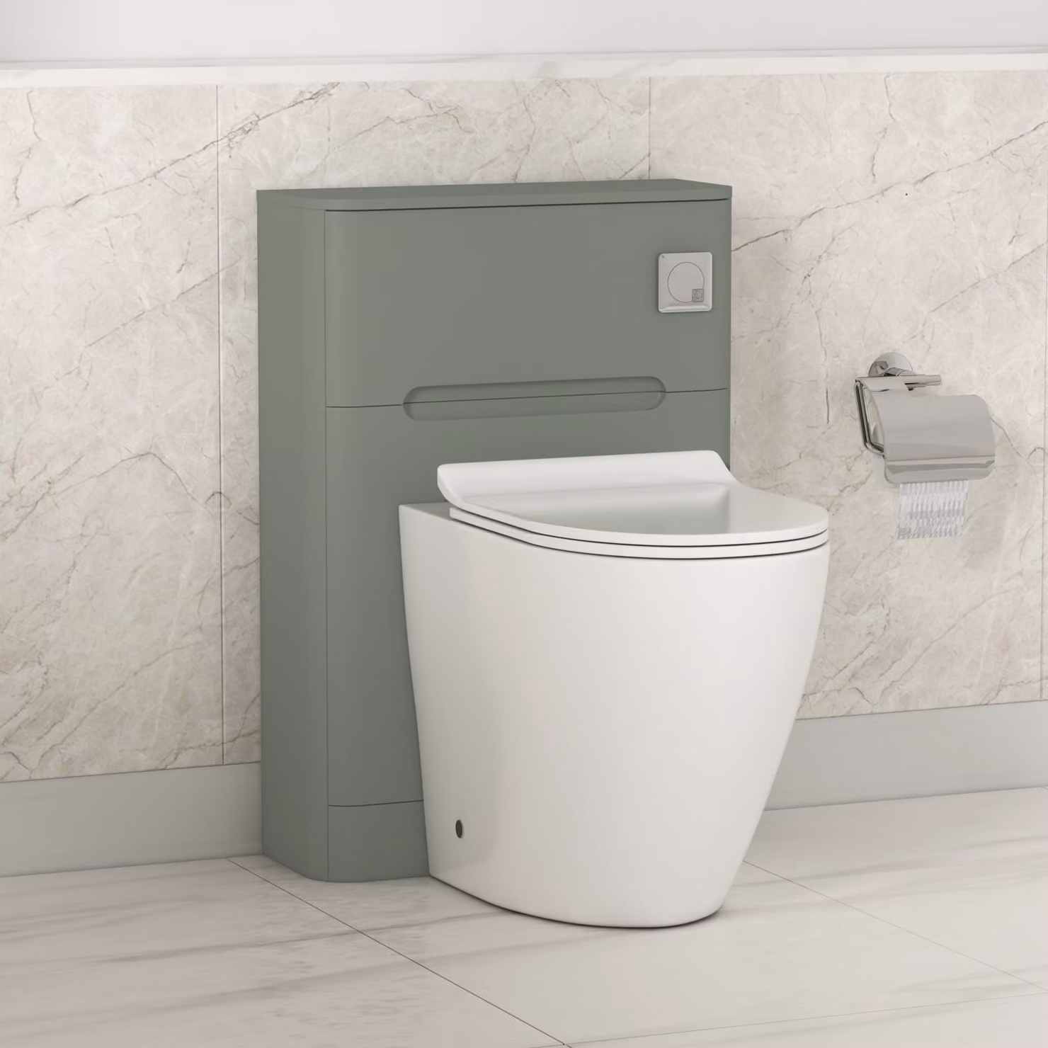 Royal Bathrooms Venice 550mm Sage Green Wall Mounted WC Unit with Elva Rimless Short Projection Ceramic Toilet Pan, Slim Soft Close Seat and Cistern