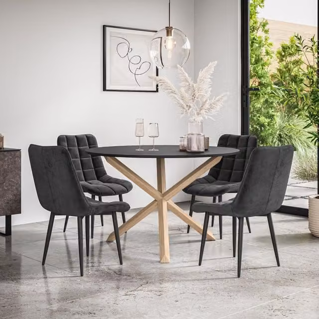 More4Homes Malvern Round Dining Table and Set of 4 Nova Velvet Dining Chairs, Black Table Top with Solid Oak Legs, Diameter: 120 cm, Height: 75 cm – 1