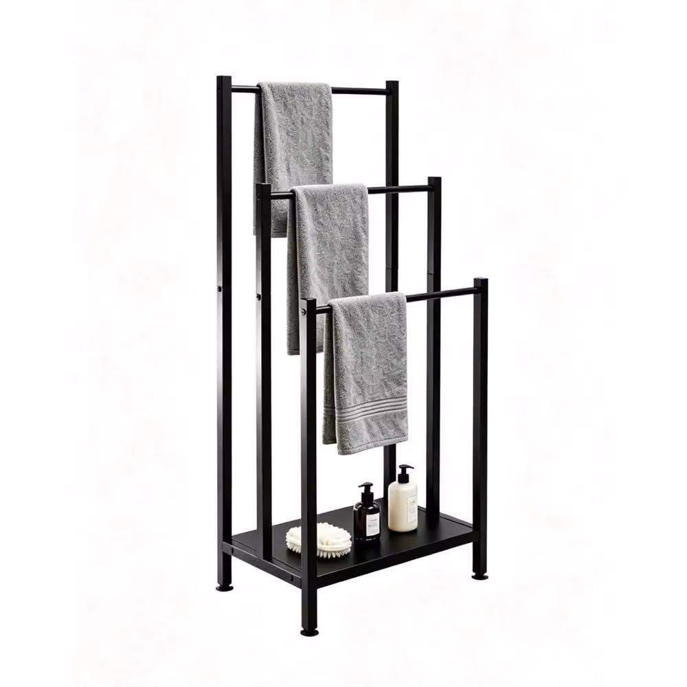 FLAVORA Free Standing Black Metal Bathroom Towel Rack with Storage Shelf, W/H: 180 x 180 cm – 2