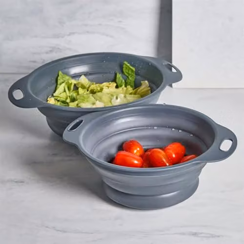 OHS Set of 2 Collapsible Silicone Colanders with Handles, Grey
