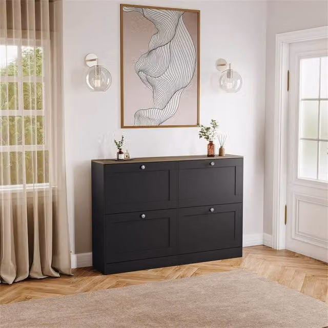 SPETLEK Black Oak 4 Tier Shoe Cabinet with Doors and Drawers