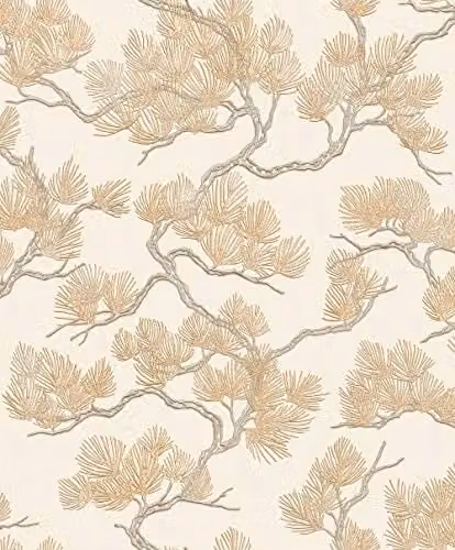 Domdeco Non-Woven Botanical Floral Wallpaper in Gold, Beige and Green, Roll 52.8 x 52.8 cm