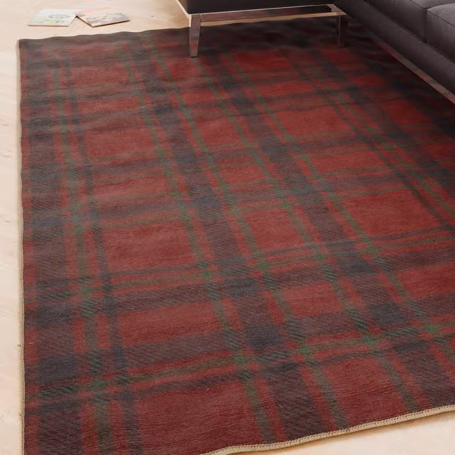 Kukoon Red and Green Tartan Soft Chenille Washable Living Room Area Rug, W: 60 cm, L: 240 cm – 1