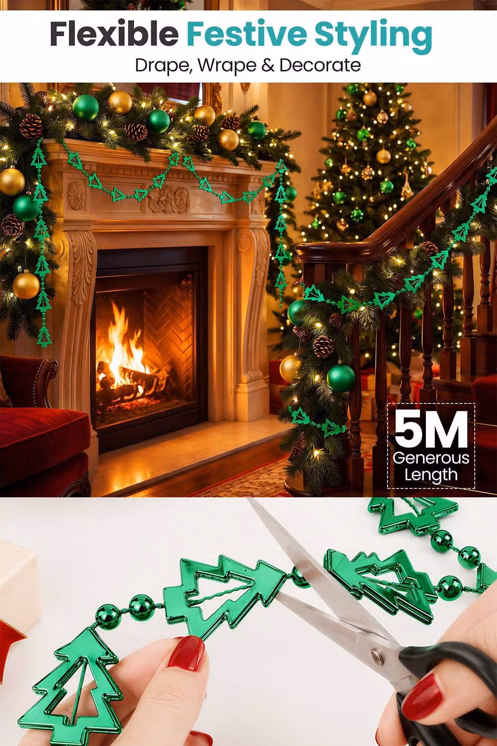 Neel Blue 5m Metallic Christmas Tree Bead Garland in Green and Blue – 5