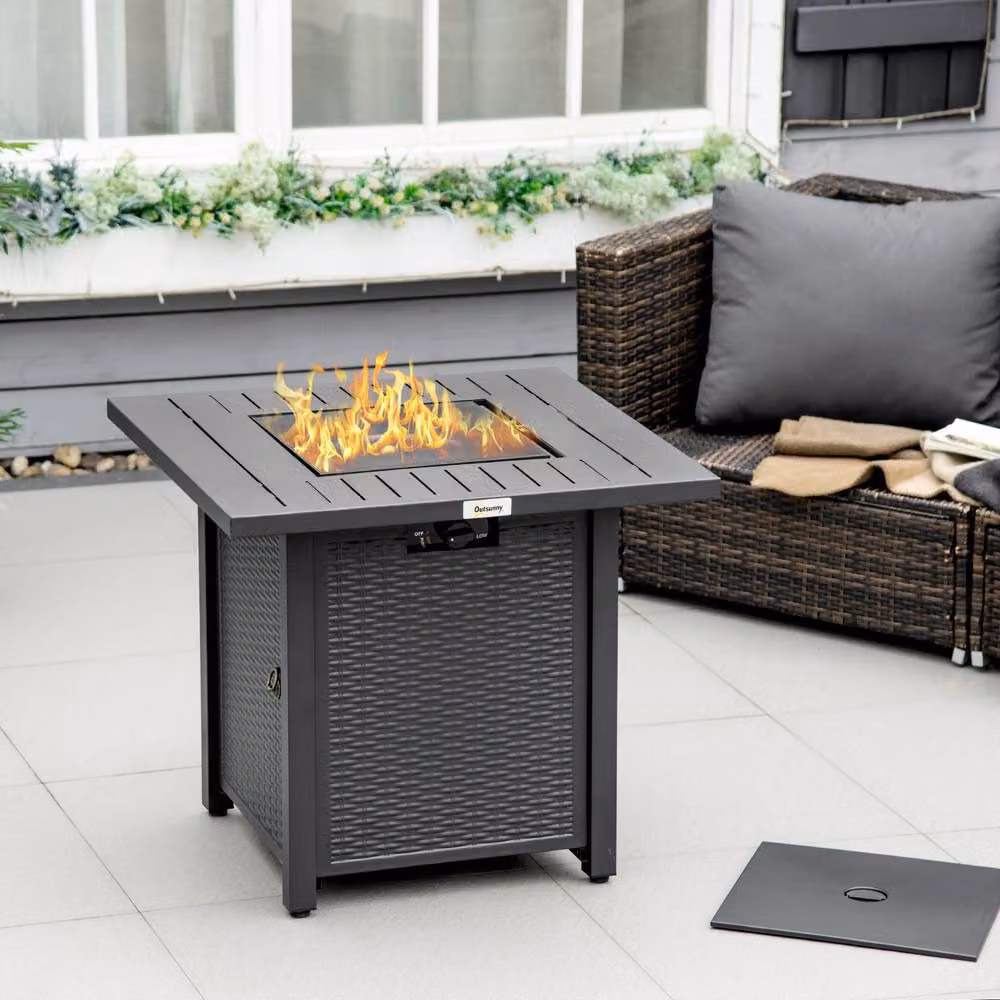Rolipo Black Rattan Gas Fire Pit Table with Lava Rocks W/D/H: 71 x 71 x 63 cm – 3