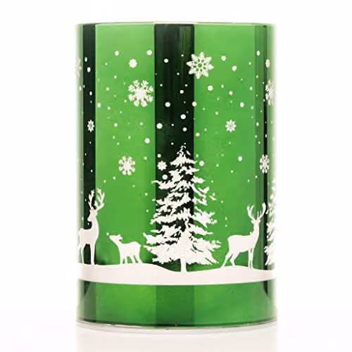 Shatchi Christmas Decorated Etched Glass Vase Table Lamp with Forest Scene, Green, H 13 cm – 2