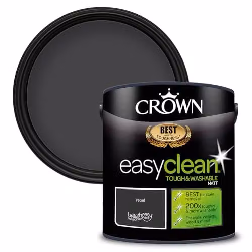 Crown EASYCLEAN Grey Black Matt Emulsion Wall Paint, Water Based and Solvent Free, 2.5L – 1
