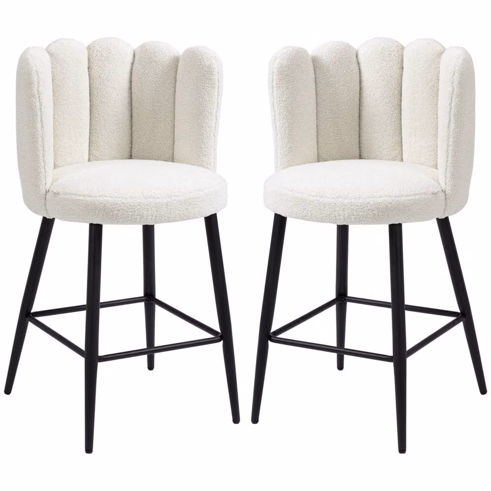 Wyld Haus Ettine Scallop Boucle Bar Stools Set of 2 in Cream and Beige with Stainless Steel Base – 2